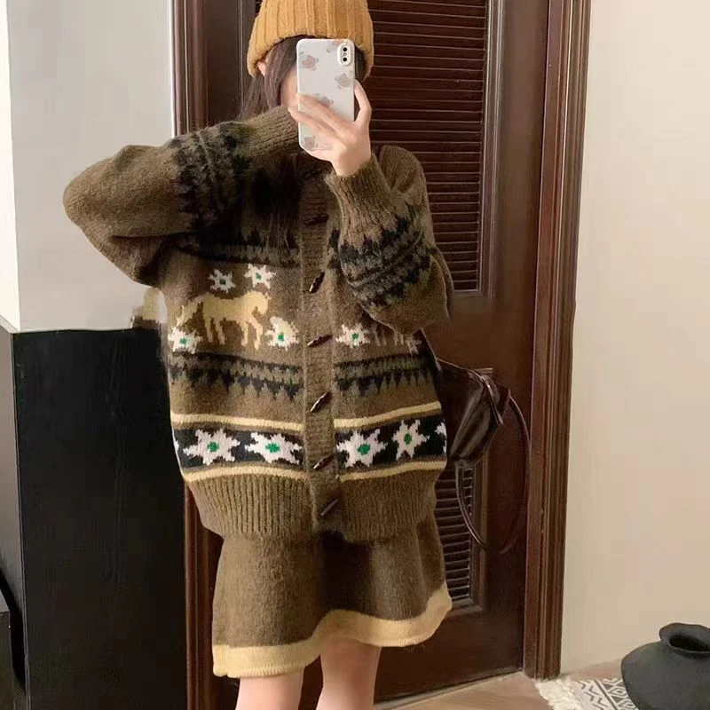 费尔岛复古提花毛衣开衫套装女2025新款秋冬季针织半身短裙两件套