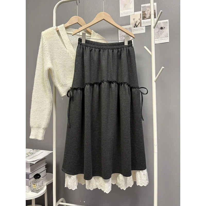 韩系减龄甜美花边拼接蝴蝶结系带呢子半身裙女秋冬中长款a字伞裙