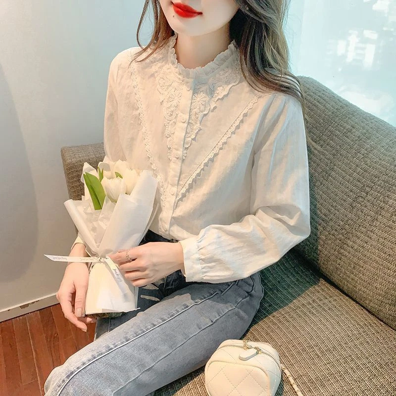 蕾丝法式上衣女秋装2025新款时尚减龄百搭衬衣气质耳边打底衬衫