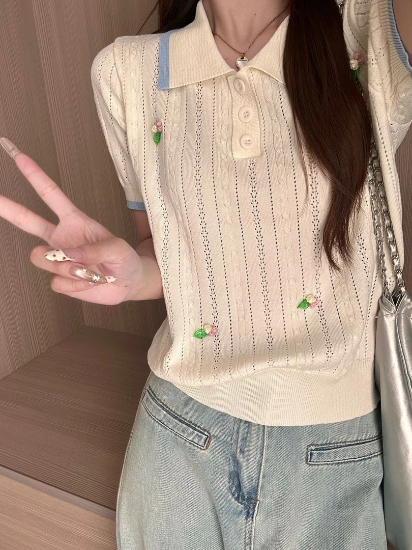 法式POLO领镂空薄针织衫2025夏季女装新款立体花朵短袖上衣