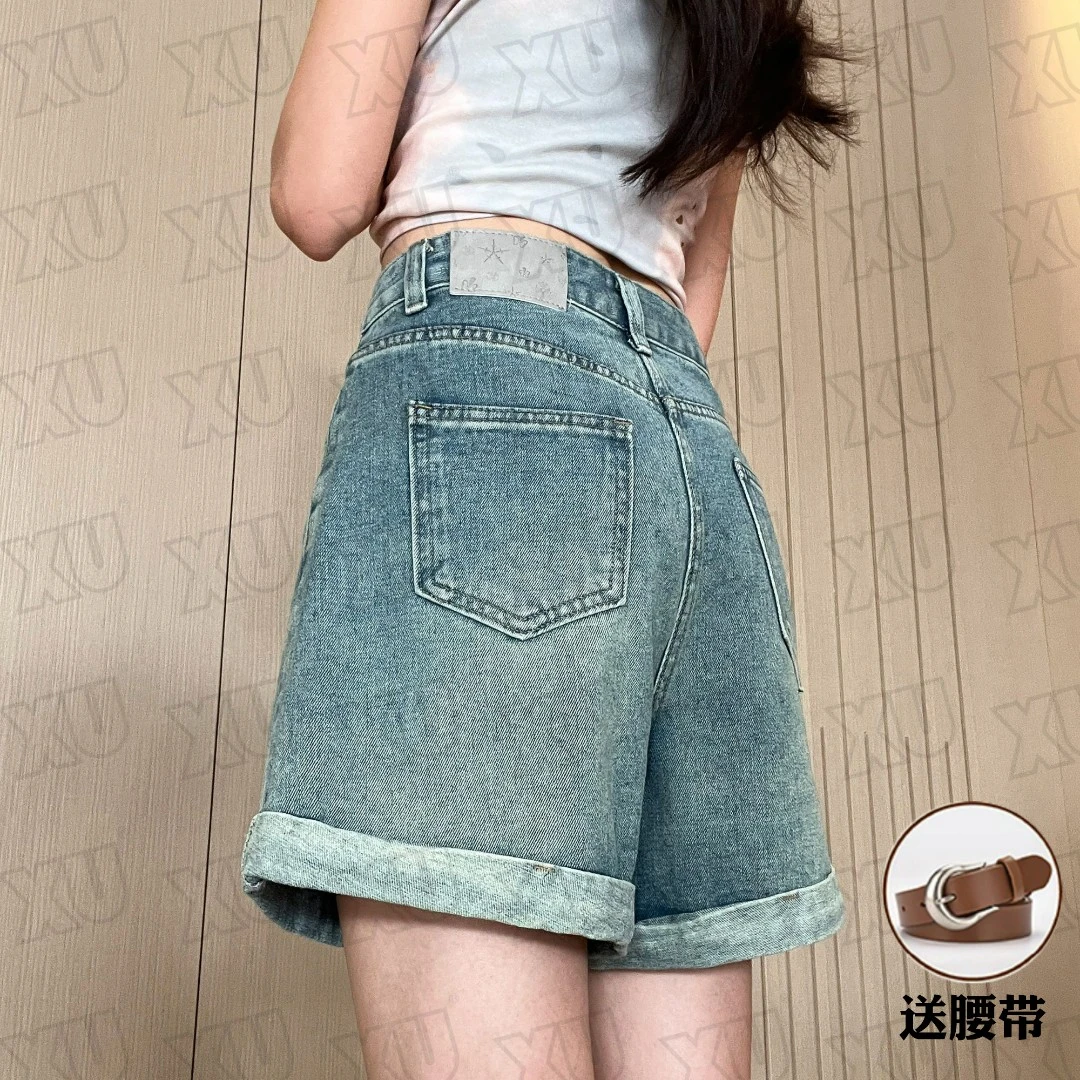 7521 GY送腰带卷边高腰牛仔短裤女2025新款夏季复古百搭显瘦a字裤