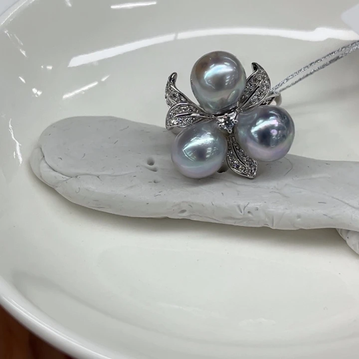 银S925镶嵌戒指海水珍珠8-9mm