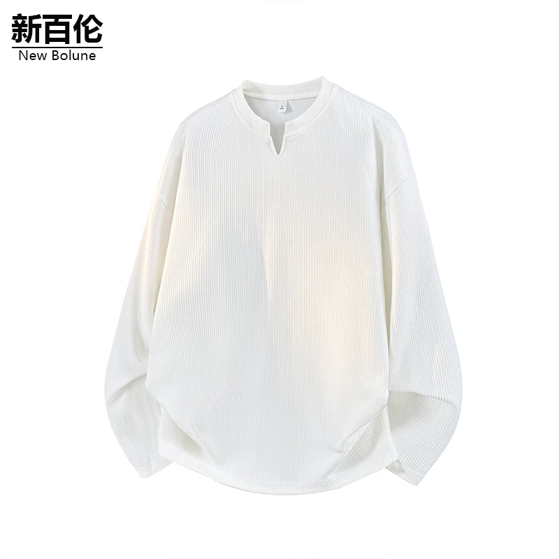 新百伦/NEW BOLUNE秋季新款长袖T恤男高级感卫衣纯色正肩针织上衣