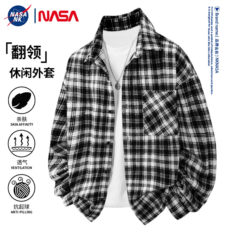 NASA联名春秋季格子休闲长袖衬衫男士新款潮流港风翻领大码衬衣服