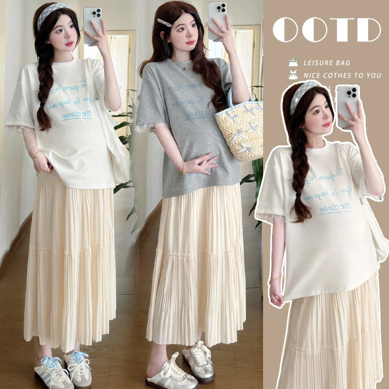 孕妇装夏季蕾丝字母刺绣桖+百搭半身裙两件套中长款时尚显瘦