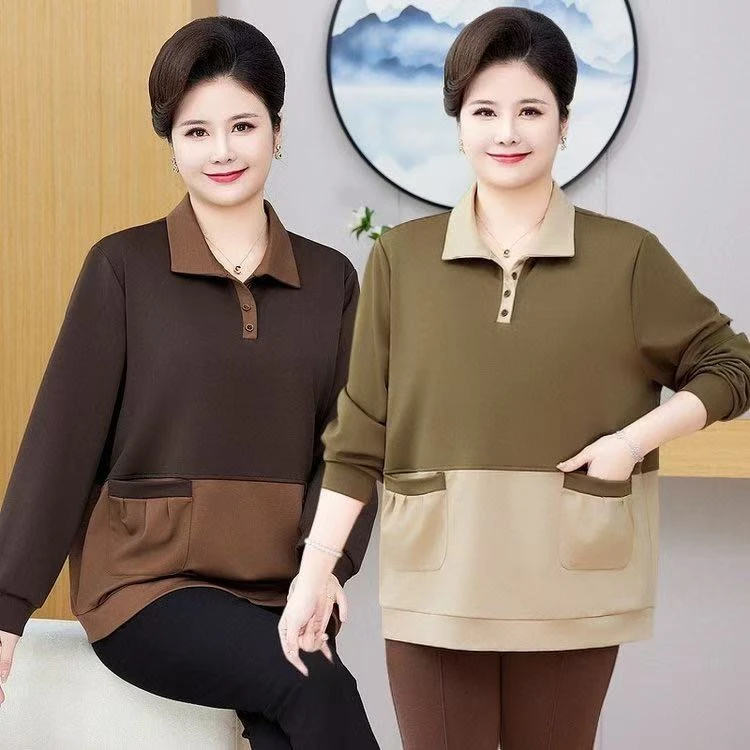 120-240斤胖妈妈加肥加大春秋翻领上衣拼接洋气减龄显瘦卫衣女