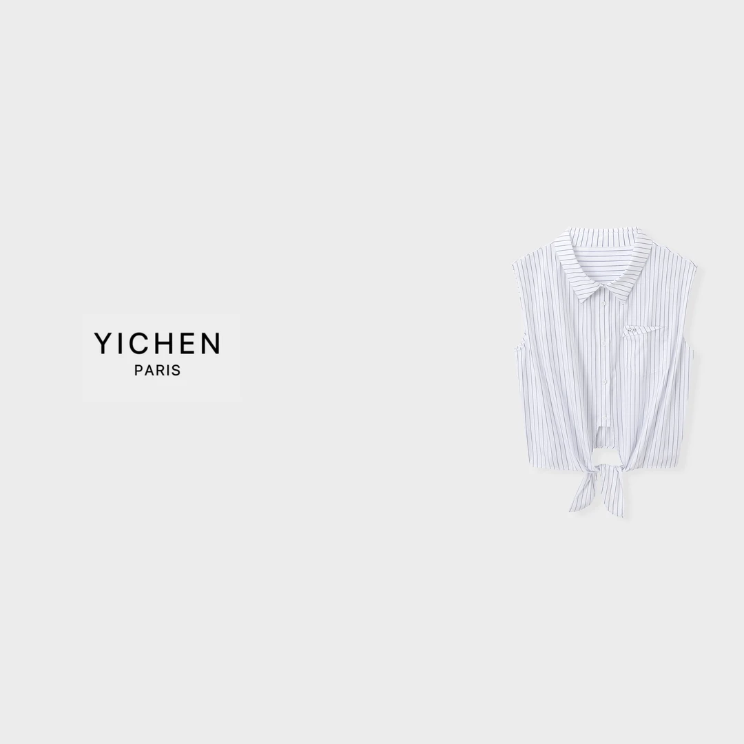 YC 蓝白色竖条纹翻领无袖系带衬衫-1988