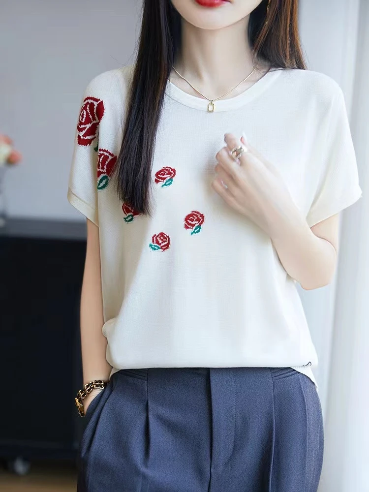 100%莱赛尔天 丝玫瑰小狗提花短袖上衣NSY273