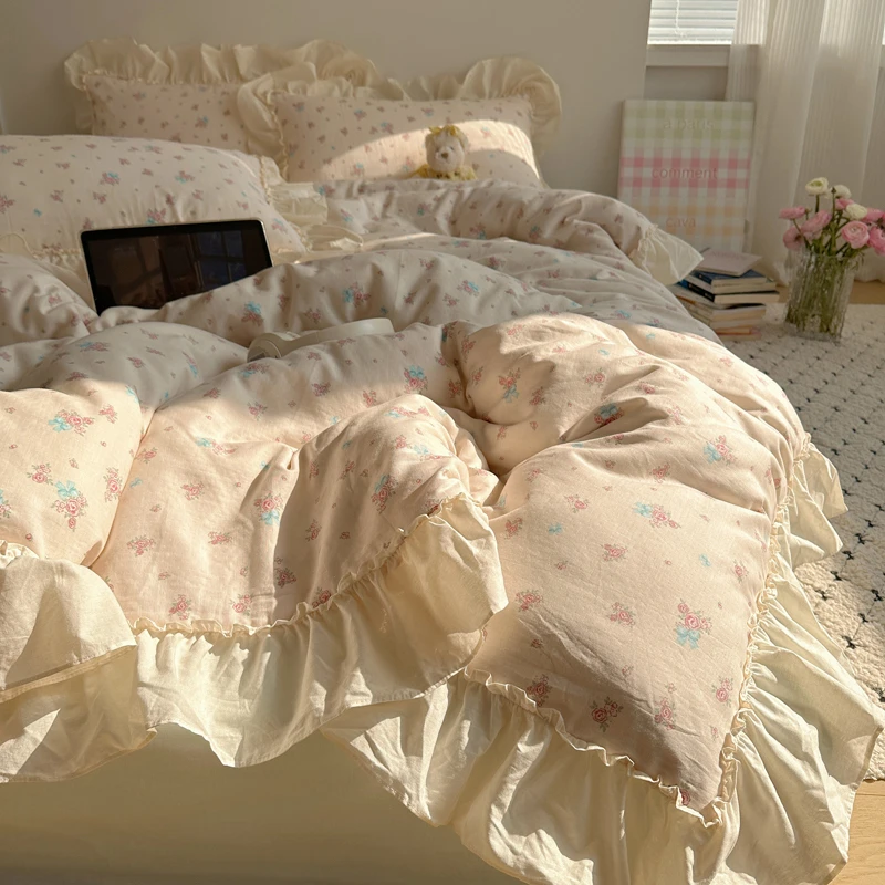 韩系小碎花全棉双层纱床上四件套法式公主风纯棉花边被套床单床品