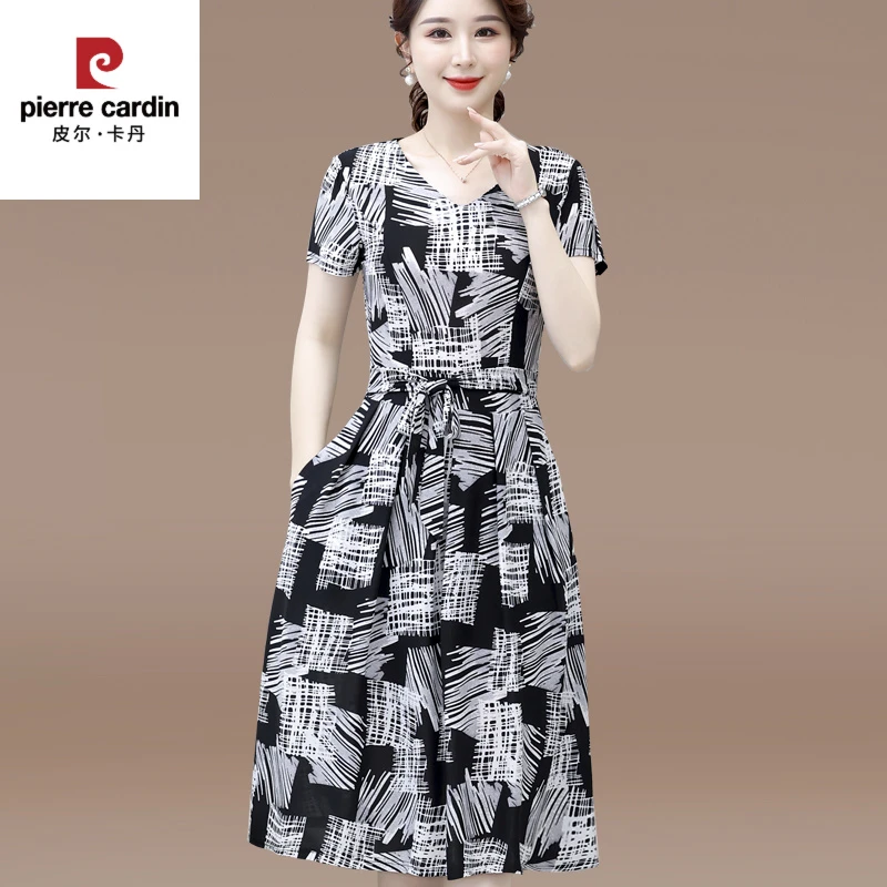 皮尔卡丹妈妈夏装短袖领连衣裙时尚洋气中老年女装夏季收腰显瘦弹