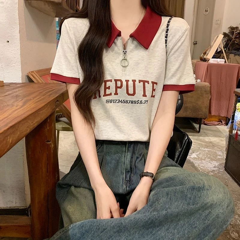百搭polo胖大码女装夏季新款时尚衫短袖宽松显瘦撞色袖恤上衣女