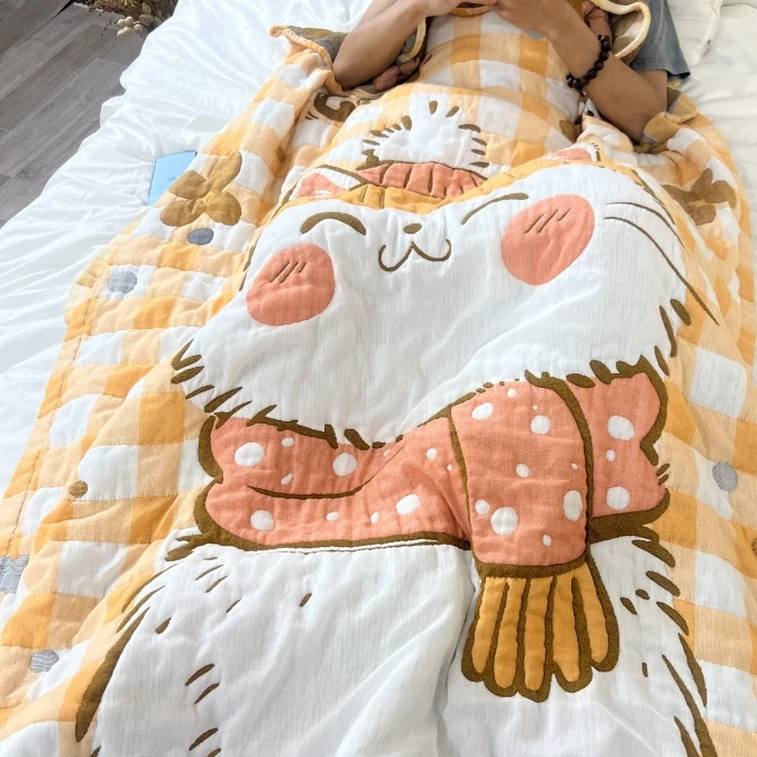 （围脖猫橙）120*150cm儿童加厚十层纱布面包被可机洗水洗