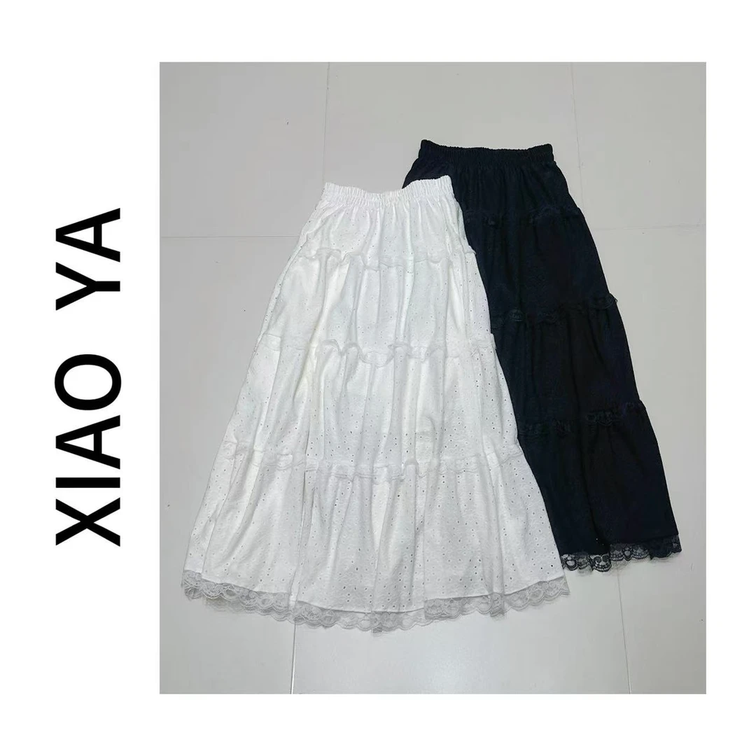 8808春季新款简约松紧腰拼接蕾丝镂空百搭半身裙