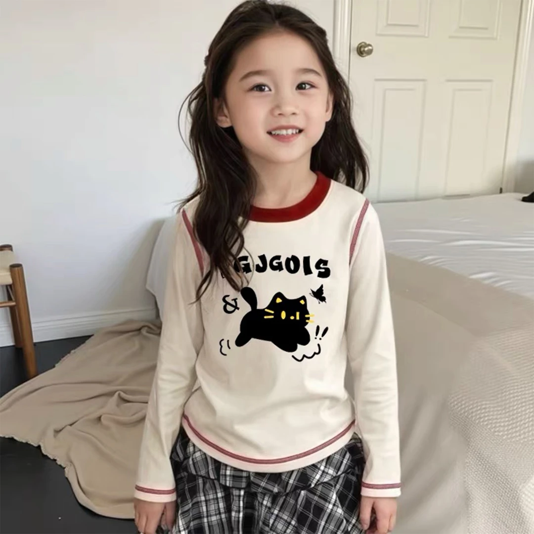 女童拼色德绒打底衫春秋冬新款韩版撞色猫咪儿童纯棉长袖t恤上衣