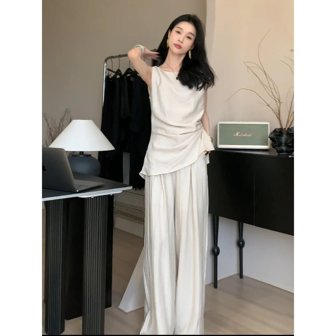 夏季套装女2025新款轻奢高级感无袖T恤阔腿裤简约高级感套装时髦