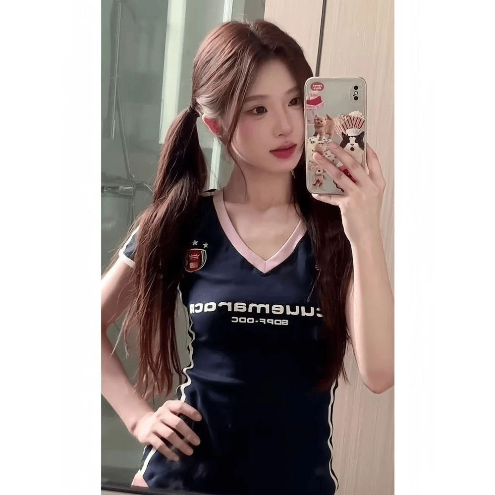 夏季甜辣美式复古纯欲拼接撞色印花短袖恤女修身显瘦辣妹上衣in