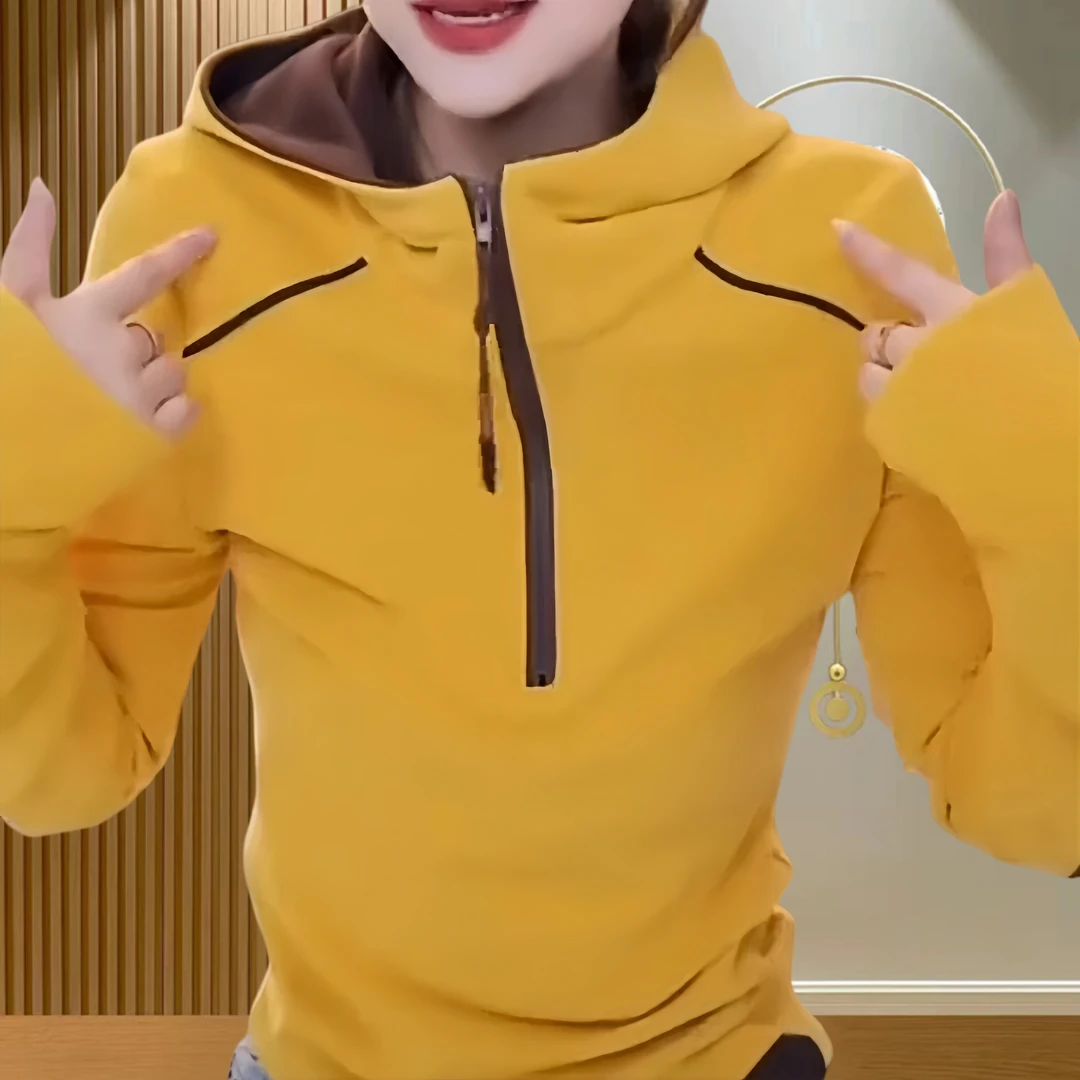拼色连帽百搭半拉链打底衫女2025春季新款洋气减龄长袖显瘦女上衣