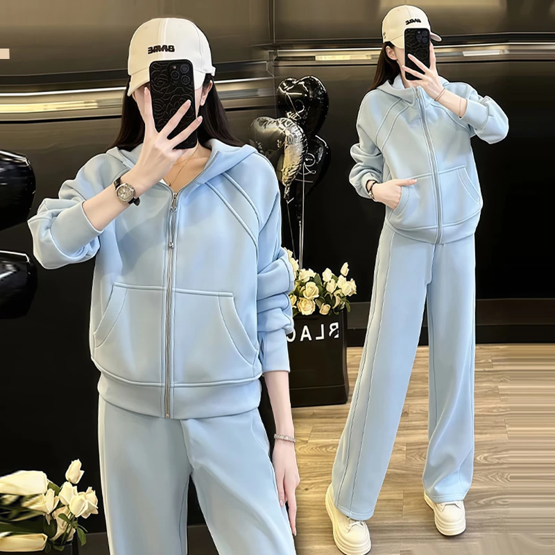 高含棉时尚拼接运动服套装女2025年春秋季新款简约阔腿裤两件套潮