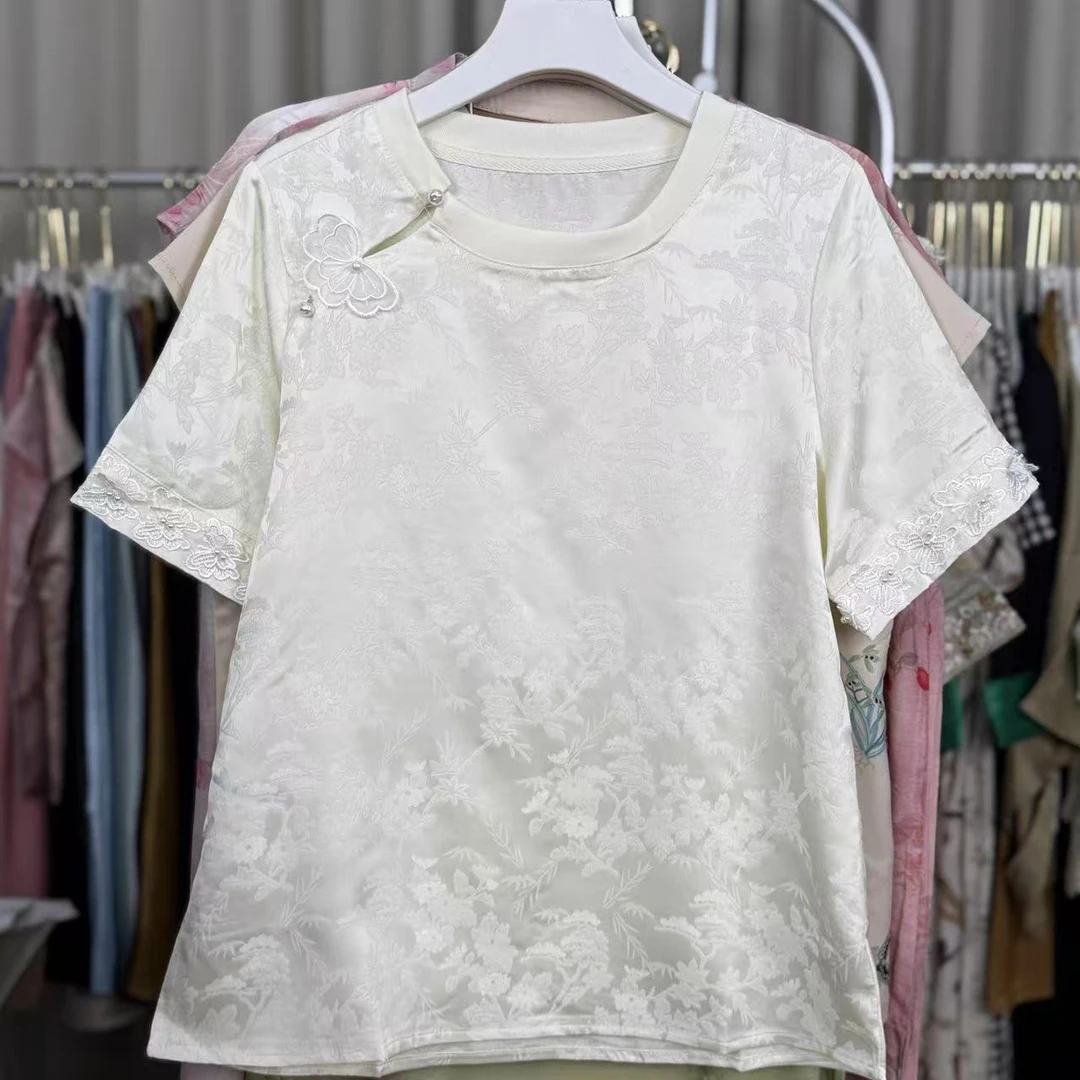 2025夏季新款新中式国风盘扣上衣蝴蝶暗纹提花醋酸洋气短袖T恤
