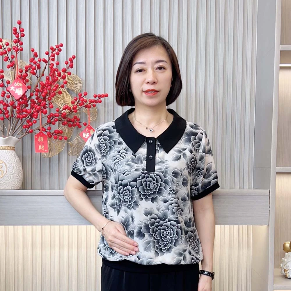 2025夏季新款时尚洋气百搭减龄气质翻领印花中老年妈妈装短袖t恤