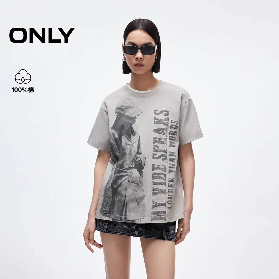 ONLY2025春季新款人像印花纯棉落肩版型圆领短袖T恤女|125101116