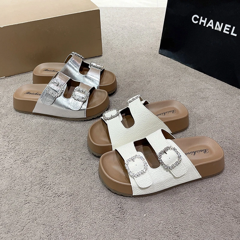 4cm增高吐司水钻拖鞋女2025新款百搭勃肯鞋松糕厚底勃肯凉拖女士