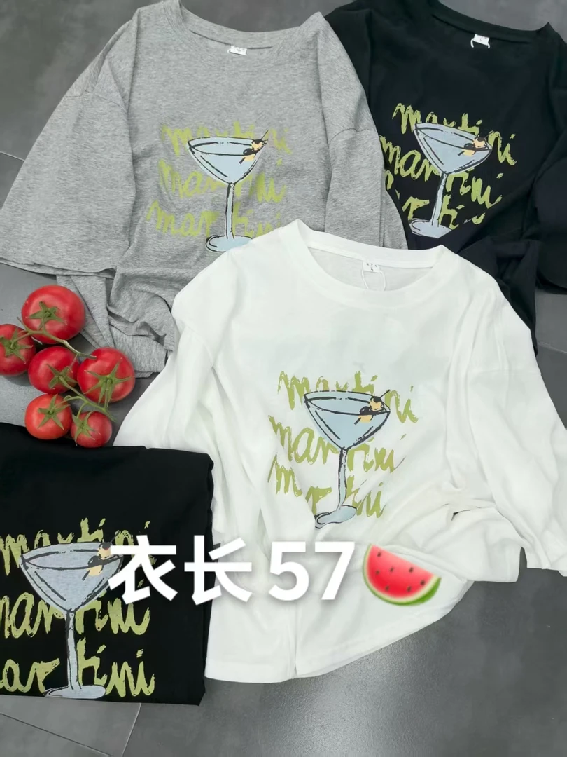 【艳子】6029小个子~雪花棉高脚杯印花宽松短袖