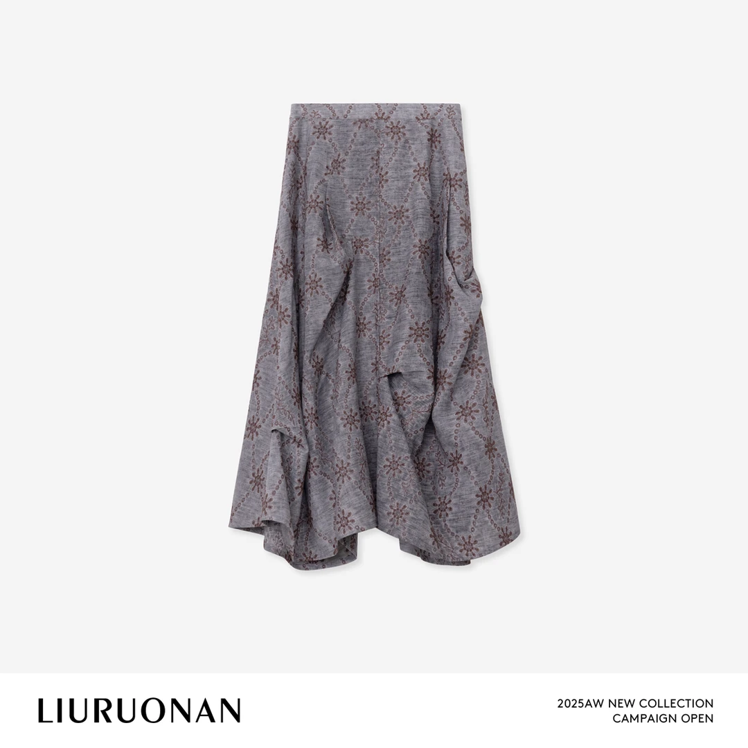 LIURUONAN 25FL【边地图腾】花纹抽褶不规则下摆高腰垂感艺术半身裙