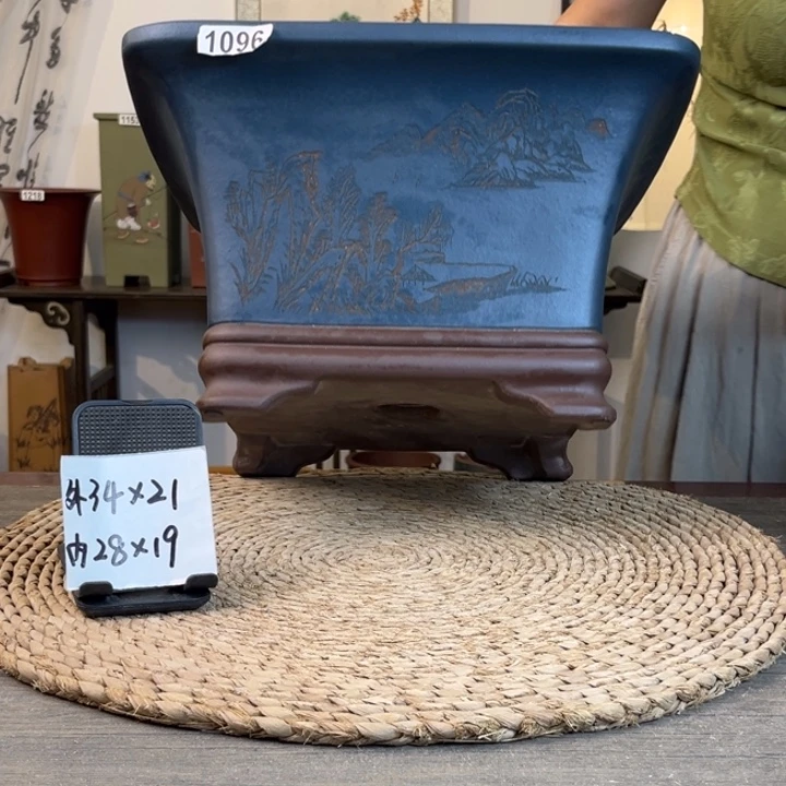 紫砂花盆 放漏精品紫泥粉浆刻绘大四方1098