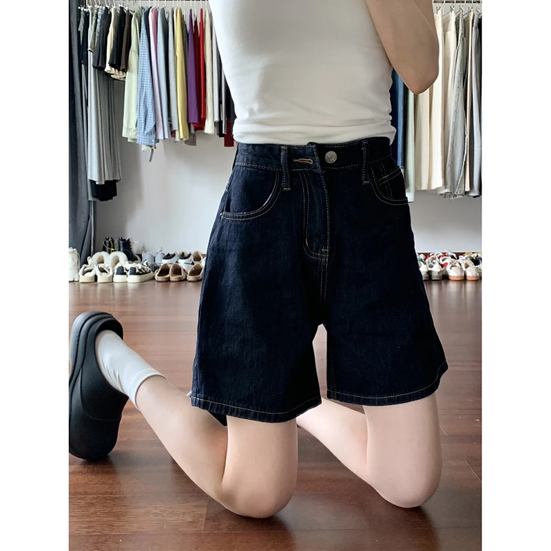 深蓝色高腰五分牛仔短裤女夏季新款显瘦宽松复古直筒百搭休闲中裤