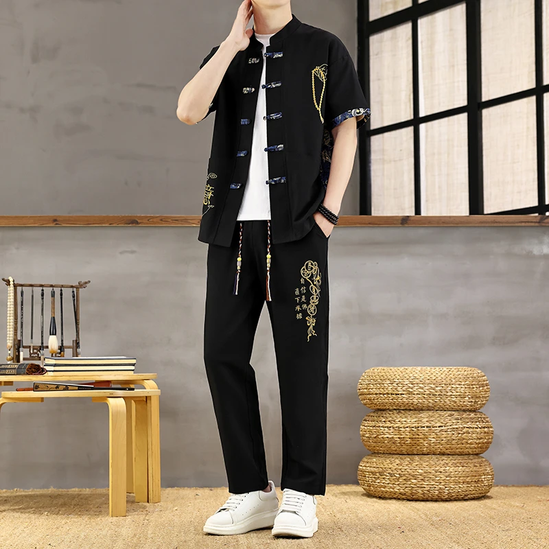2025夏季新款新中式男士国风唐装复古潮流百搭休闲透气套装80