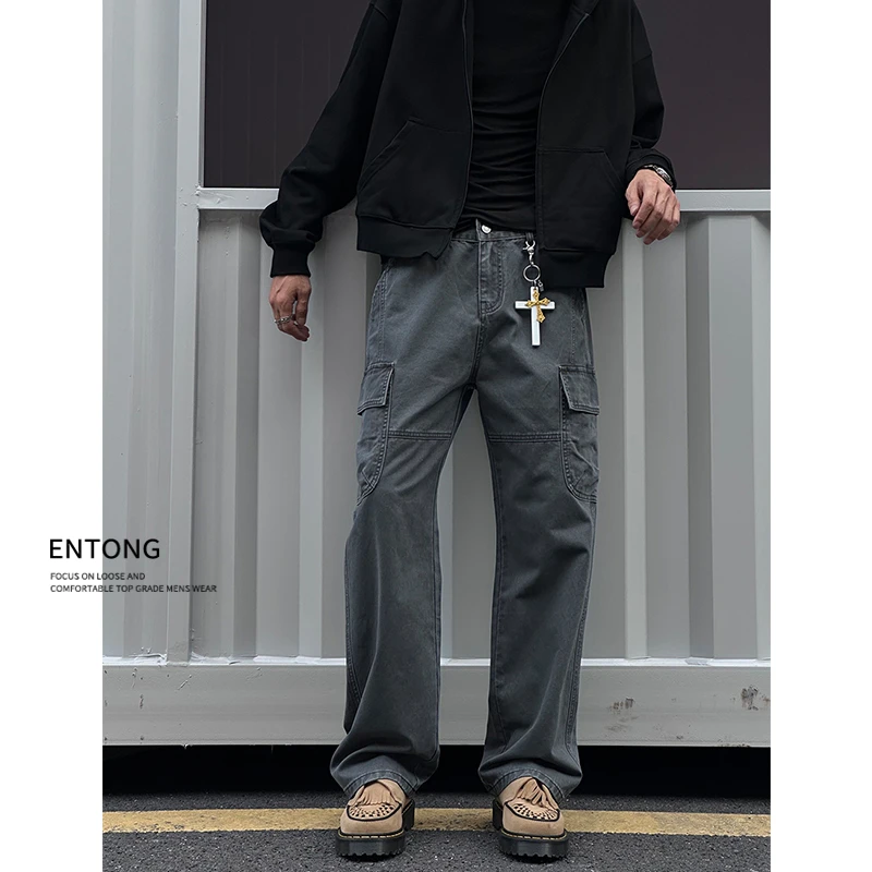 Entong美式复古cleanfit牛仔裤男款多口袋直筒工装裤宽松痞帅长裤
