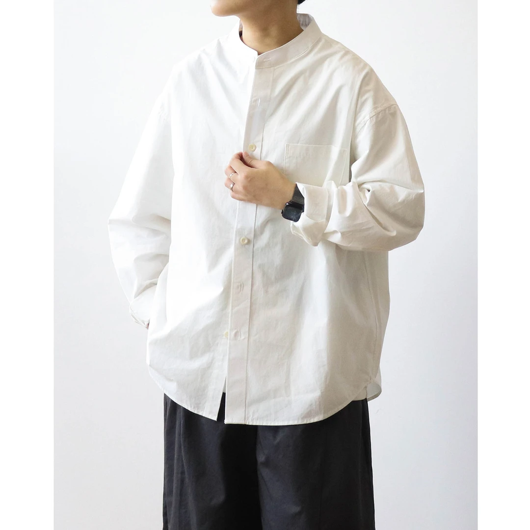 秋季日系复古质感全棉立领工装长袖衬衫男女款松弛感纯色休闲衬衣