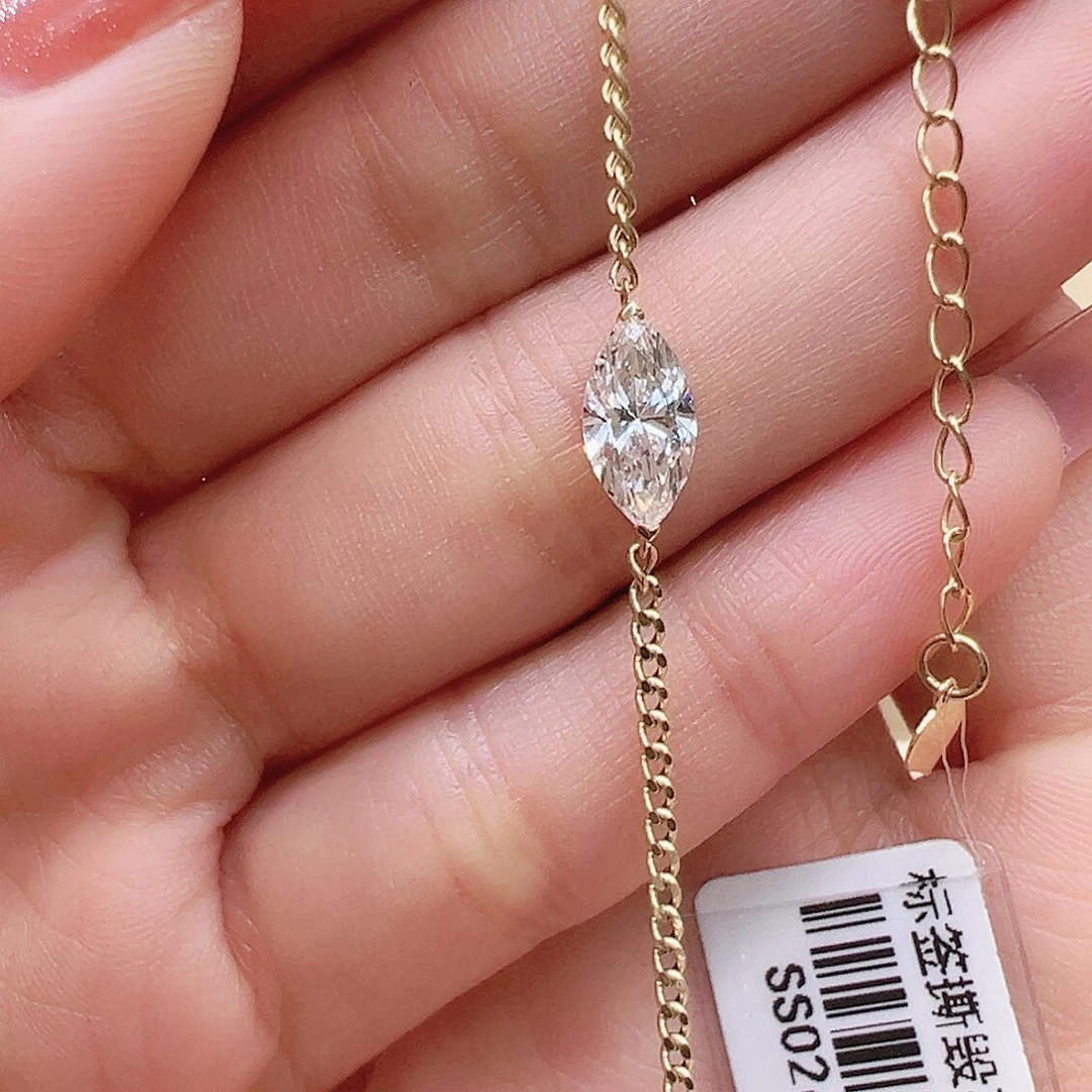 实验室培育钻石18K金镶嵌1.01ct K黄马眼形单钻古巴手链