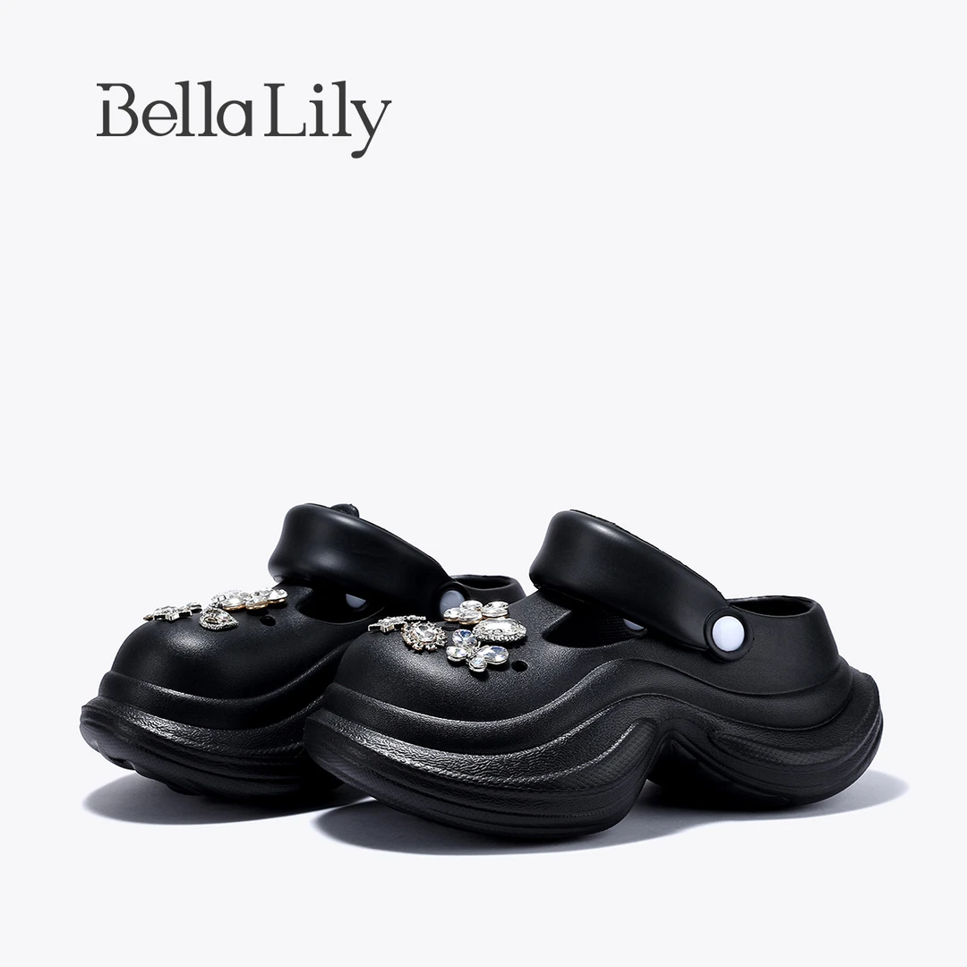 BellaLily2025夏季新款ins潮酷水钻洞洞鞋女厚底两穿包头拖鞋凉拖