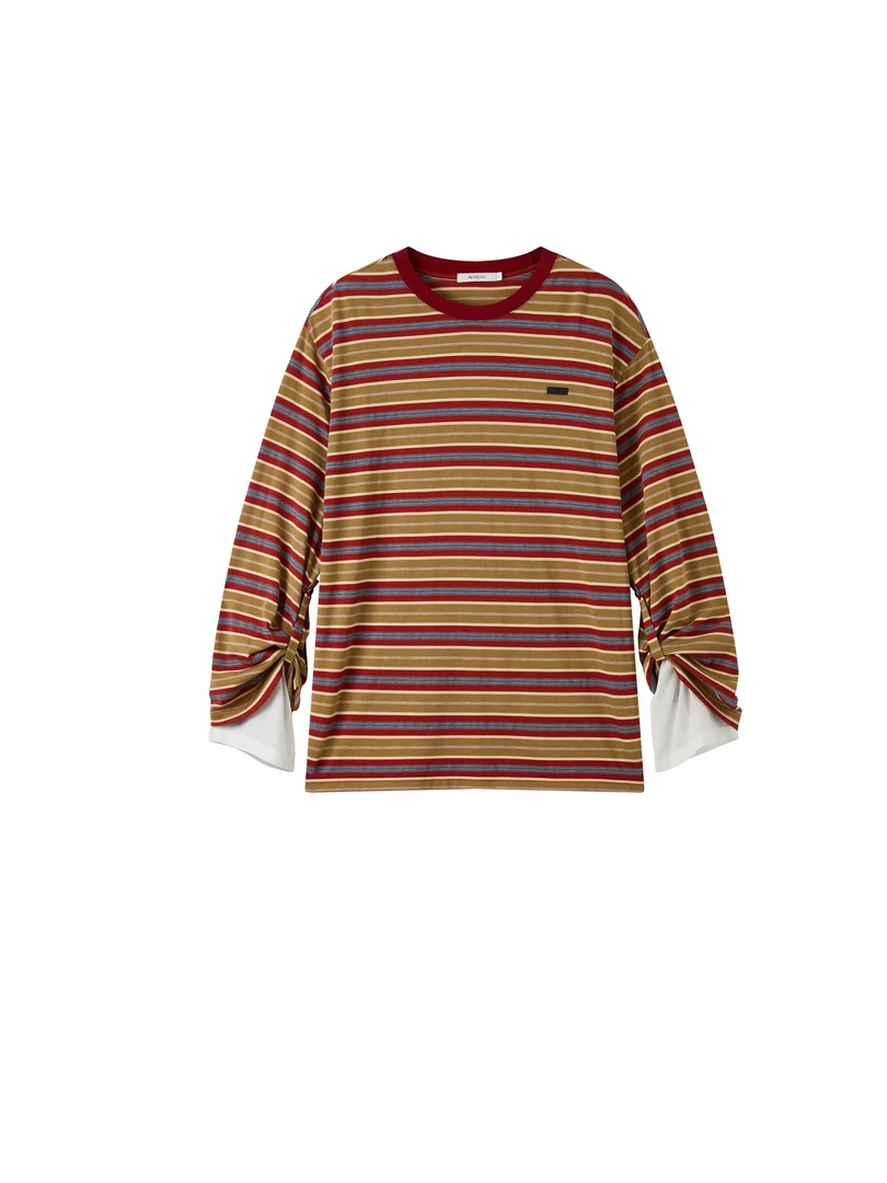 AVVENN 假两件袖红色卡其条纹宽松落肩长袖