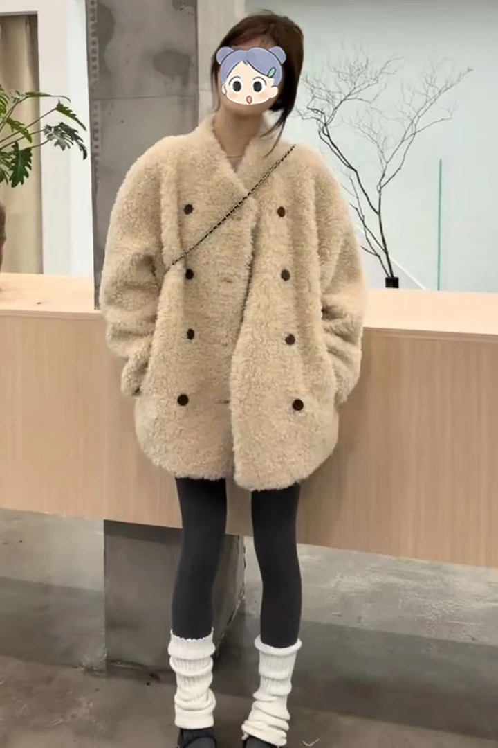 韩系双排扣毛毛外套女2025秋冬新款宽松中长款韩版洋气百搭外套
