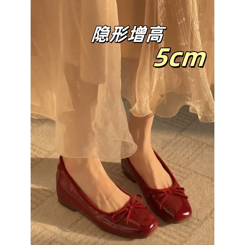 小个子内增高方头红色芭蕾鞋女2025新款浅口蝴蝶结配裙子玛丽珍鞋