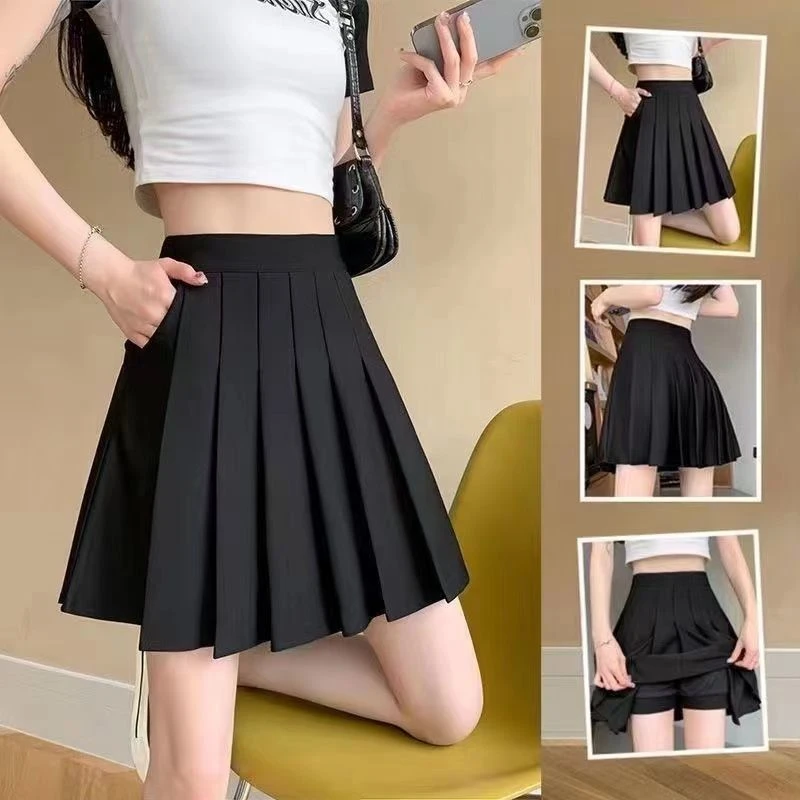 高腰百褶裙新款百搭学院风半身裙收腰收腹松紧黑色显瘦短裙裙子