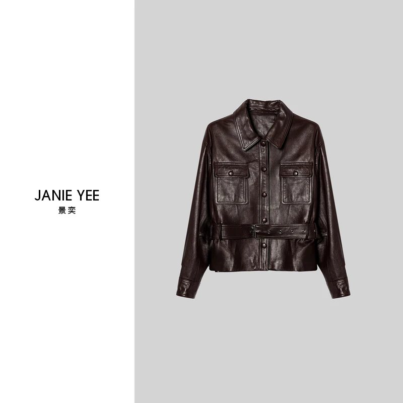 Janie Yee"地母皮衣" 进口绵羊皮宽松休闲腰带短中长款女 25A0889