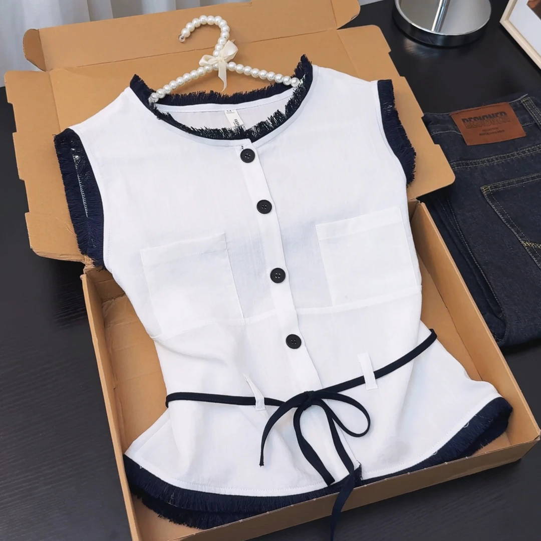 韩系气质掐腰韩版圆领无袖女装衬衫收腰衬衣女白色简约百搭上衣