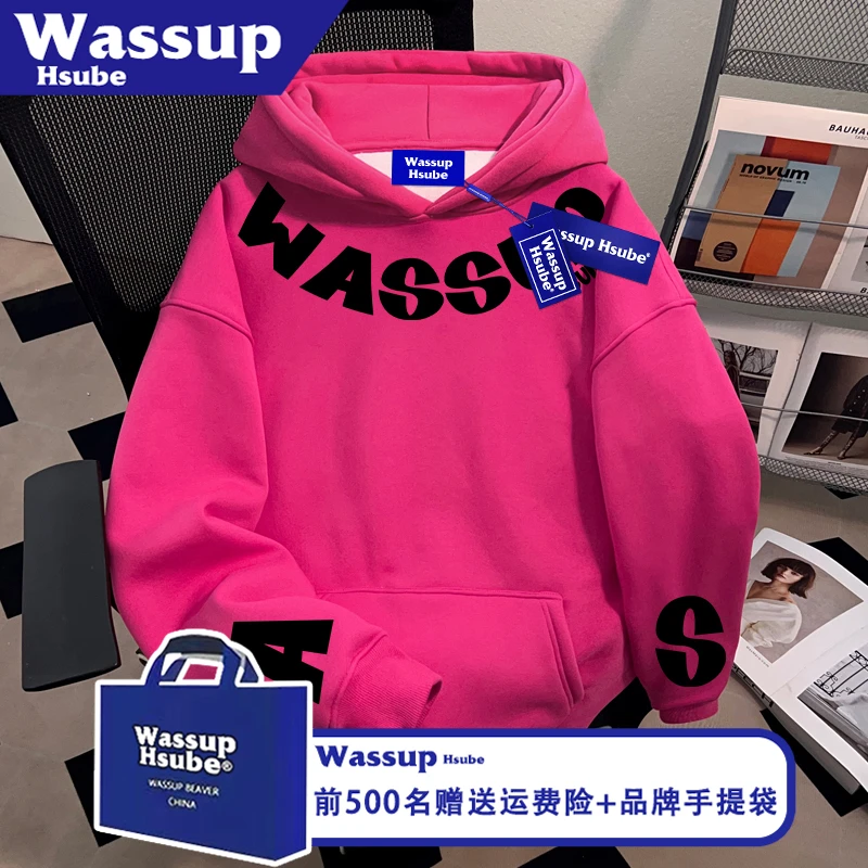 WASSUP HSUBE字母袖子印花秋冬火龙果色卫衣个性连帽套头男女上衣