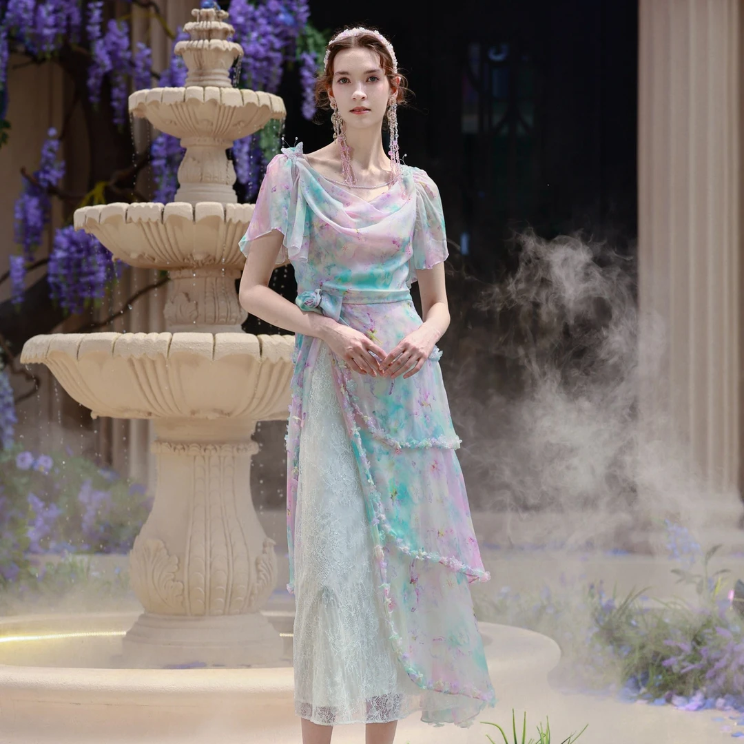 Marie Elie【堇色星河】时尚气质秀款真丝印花连衣裙EAF21M30650