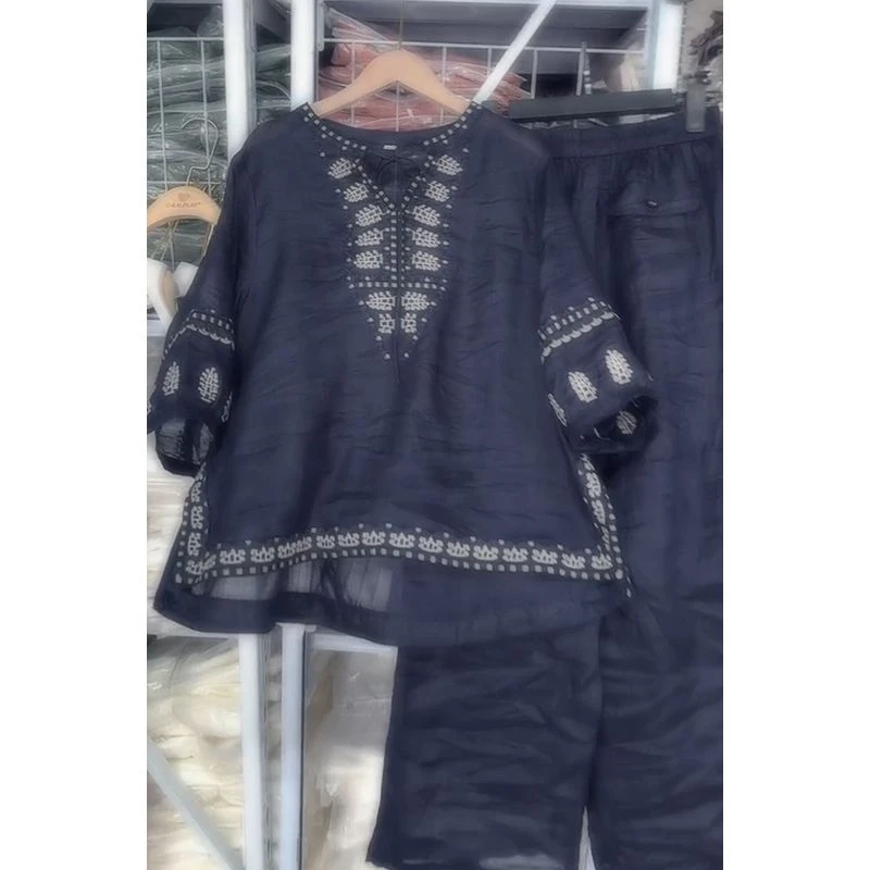 欧洲站2025夏季新款慵懒风宽松显瘦上衣女百搭松紧腰纯色裤子套装