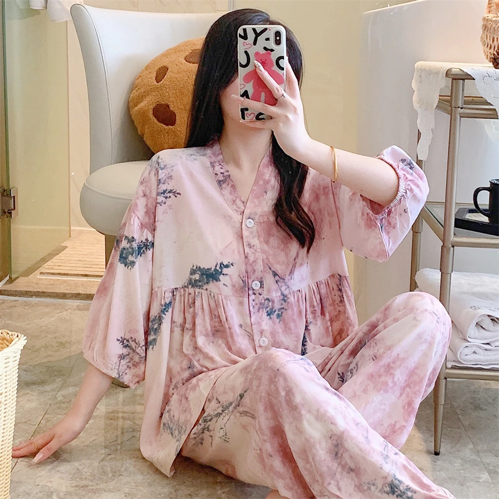 高档新中式棉绸睡衣女春秋夏季长袖人造棉气质家居服宽松大码套装