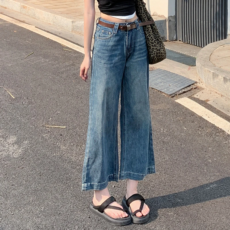 高腰复古蓝阔腿牛仔裤女夏季2025年新款宽松显瘦小个子九分直筒裤