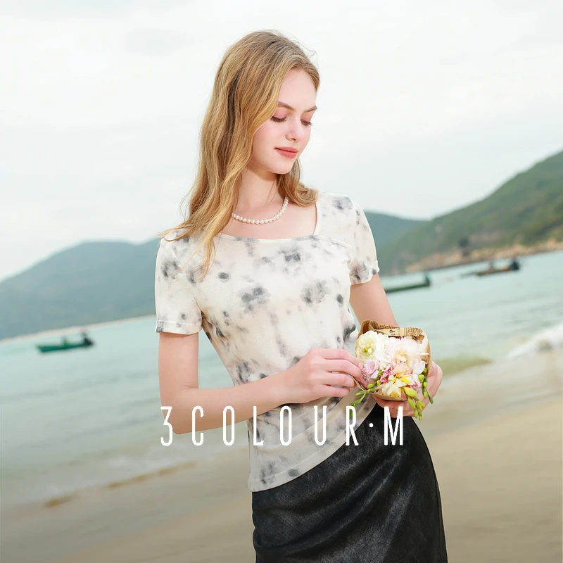 【林一专属】三彩2025夏季新款晕染T恤斜领不对称正肩短袖上dbx