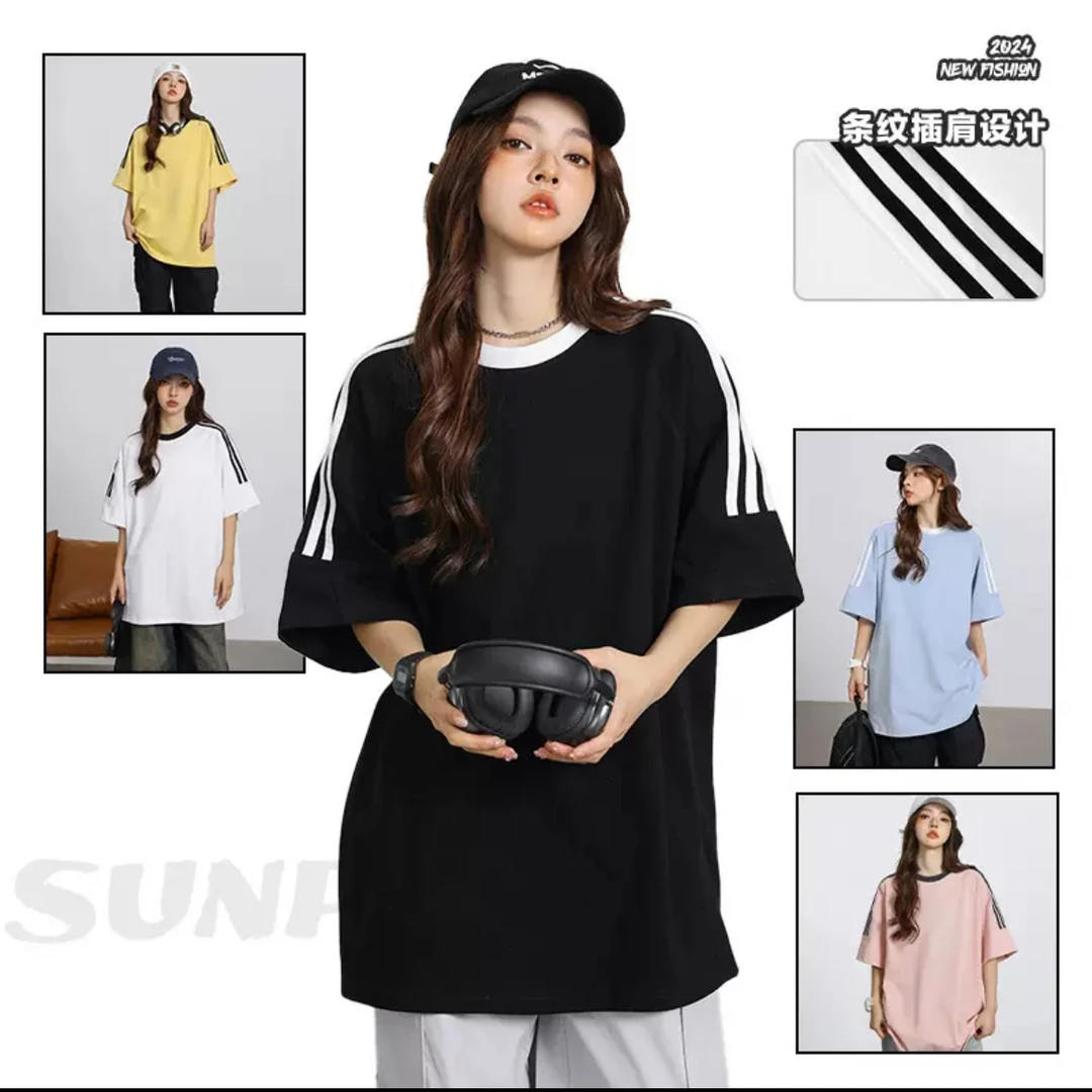 JY·百搭插肩半袖t恤条纹圆领短袖夏季吸湿休闲免烫宽松潮流亲肤