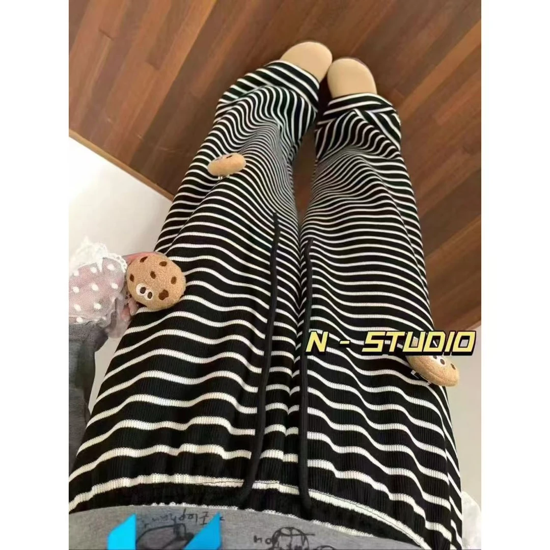 3348秋季黑白撞色条纹阔腿女裤高腰拖地慵懒感休闲长裤