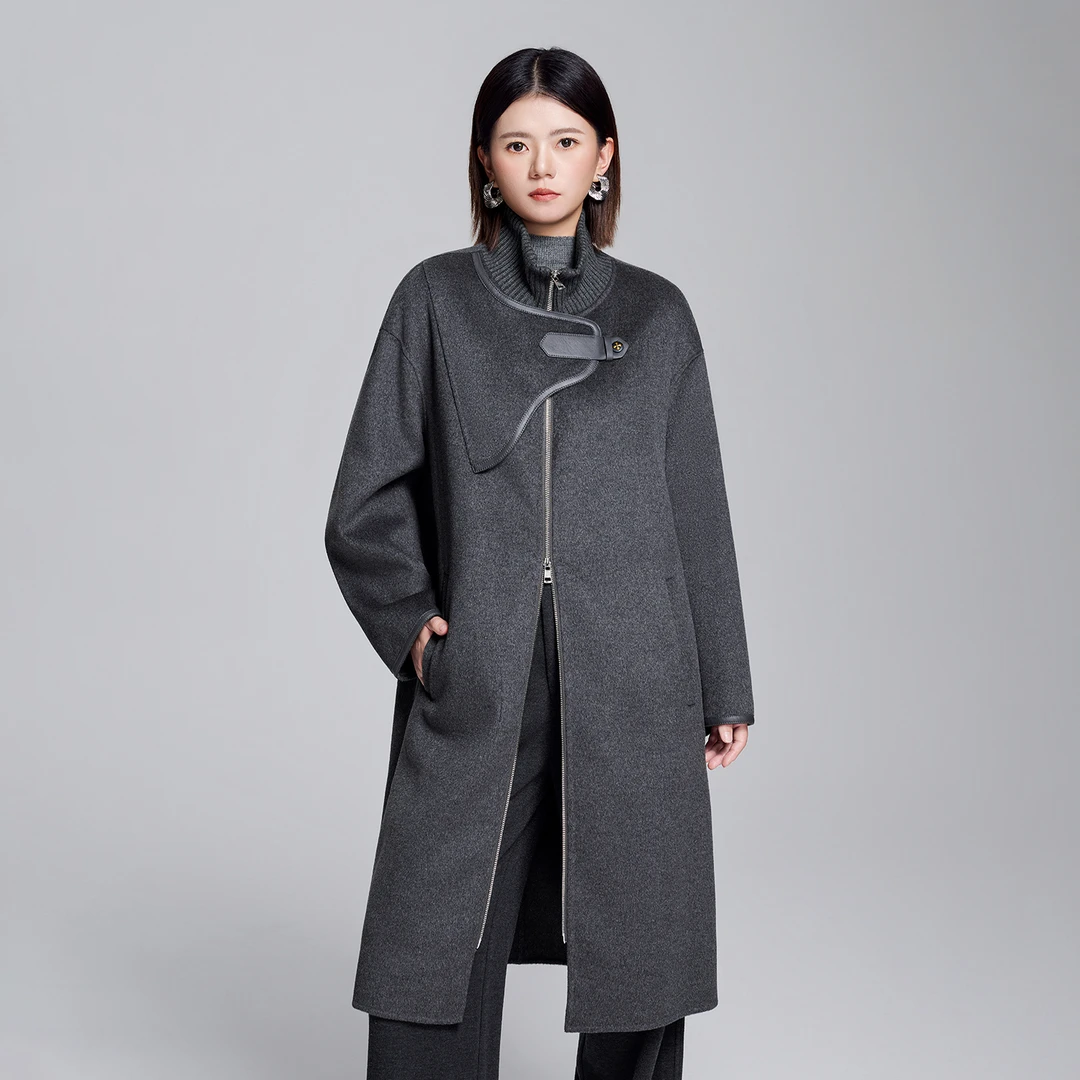 时尚设计款50羊绒大衣女高级感中长款加厚秋冬双面呢外套服大衣